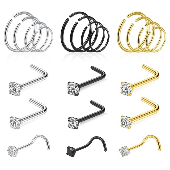 jagosen 21 Pcs Hoop Nose Rings Surgical Steel Black/Gold/Sliver