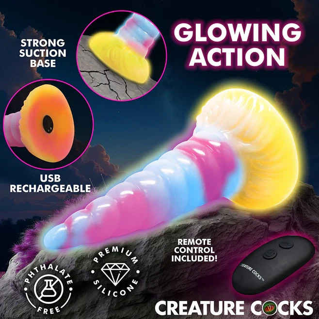 Creature Cocks Unicorn Glow Dildo – Vibrating, Remote Control, Suction Cup, GITD