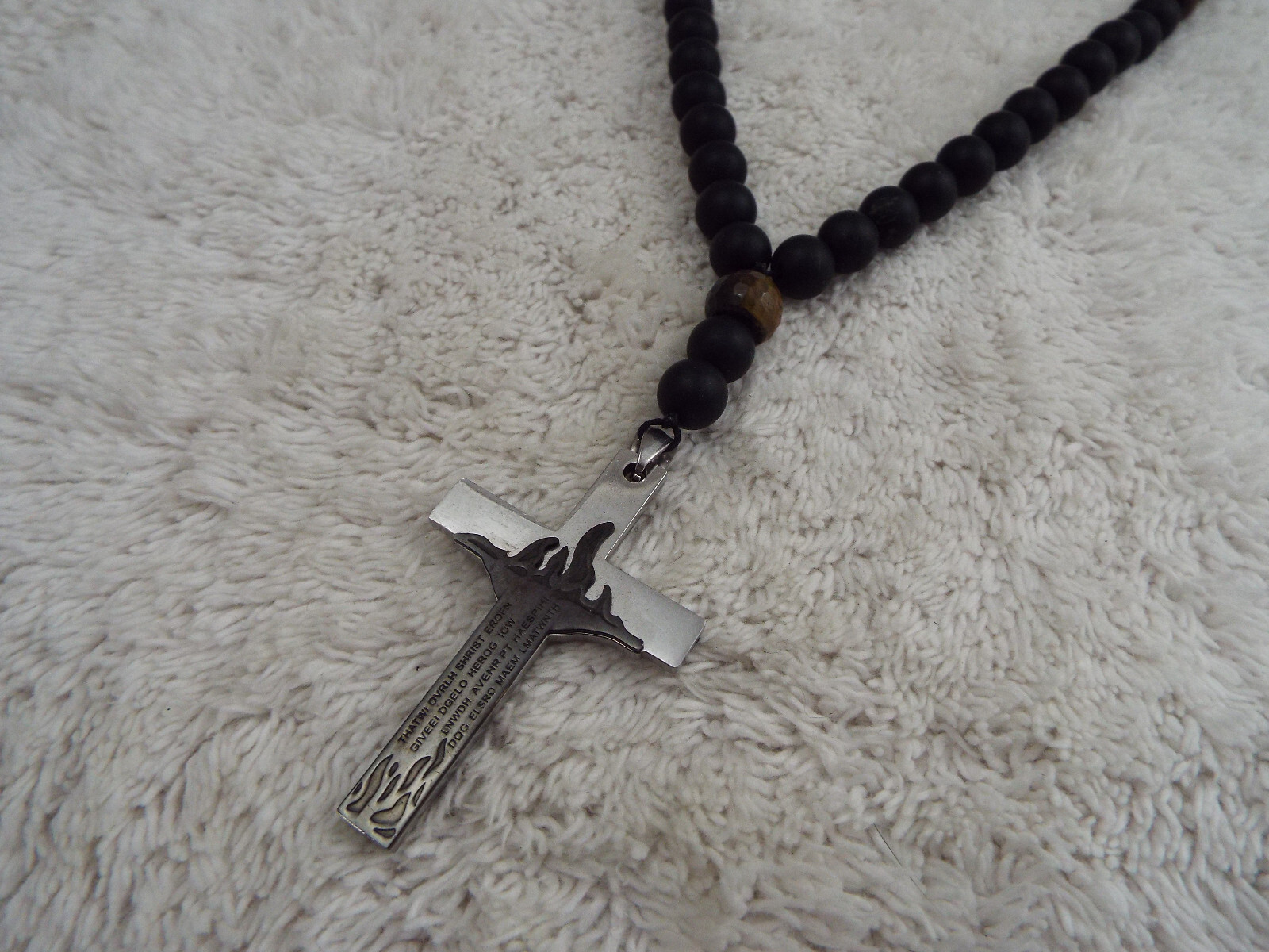 Matte Black Onyx & Tiger's Eye Stone Bead Cross Pendant Necklace (B8)