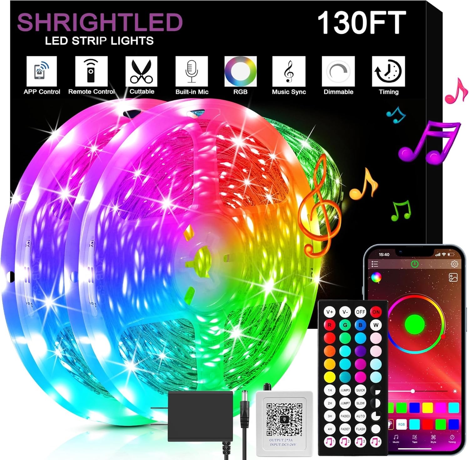 SALE Led Lights for Interior 130Ft (2 Rolls 65Ft) Music Sync Color Change Remote