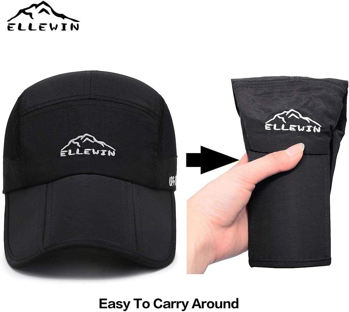 ELLEWIN Unisex Baseball Cap UPF 50 Unstructured Hat with Foldable Black-l