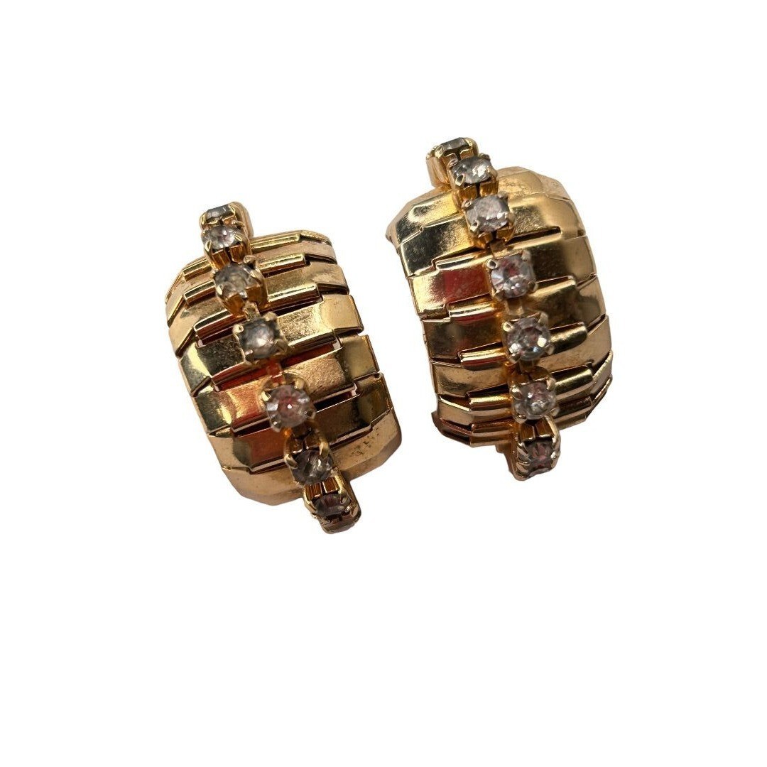 Signed Coro Screwback Non-Pierced Earrings Goldtone Rhinestone Hoop 1 1/8"