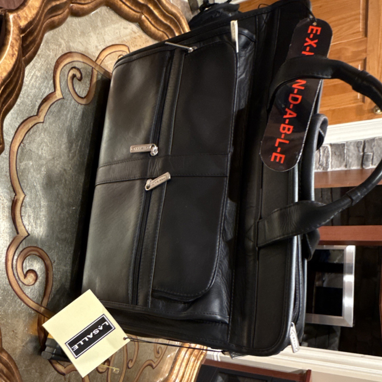 L-SATILE Black Expandable Leather Business Case with Adjustable Straps