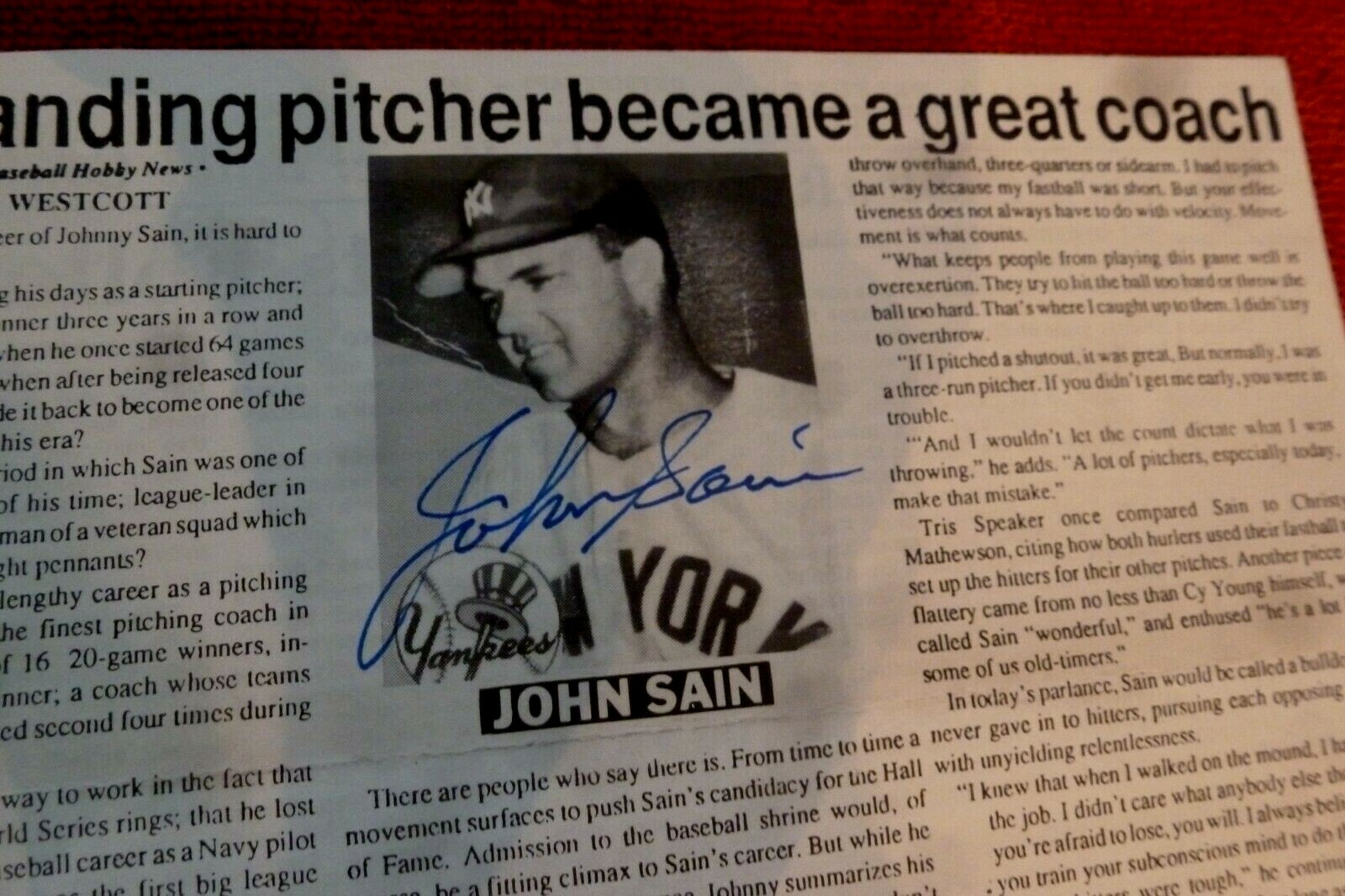 JOHNNY SAIN Signed Newspaper Article/ Yankees Photo