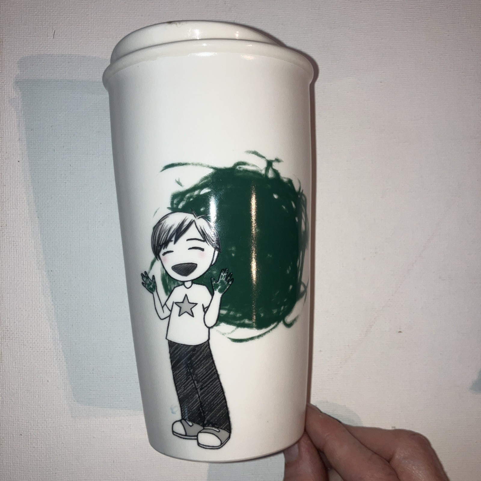 Starbucks Boy Painter Double Wall Ceramic Traveler Tumbler NEW