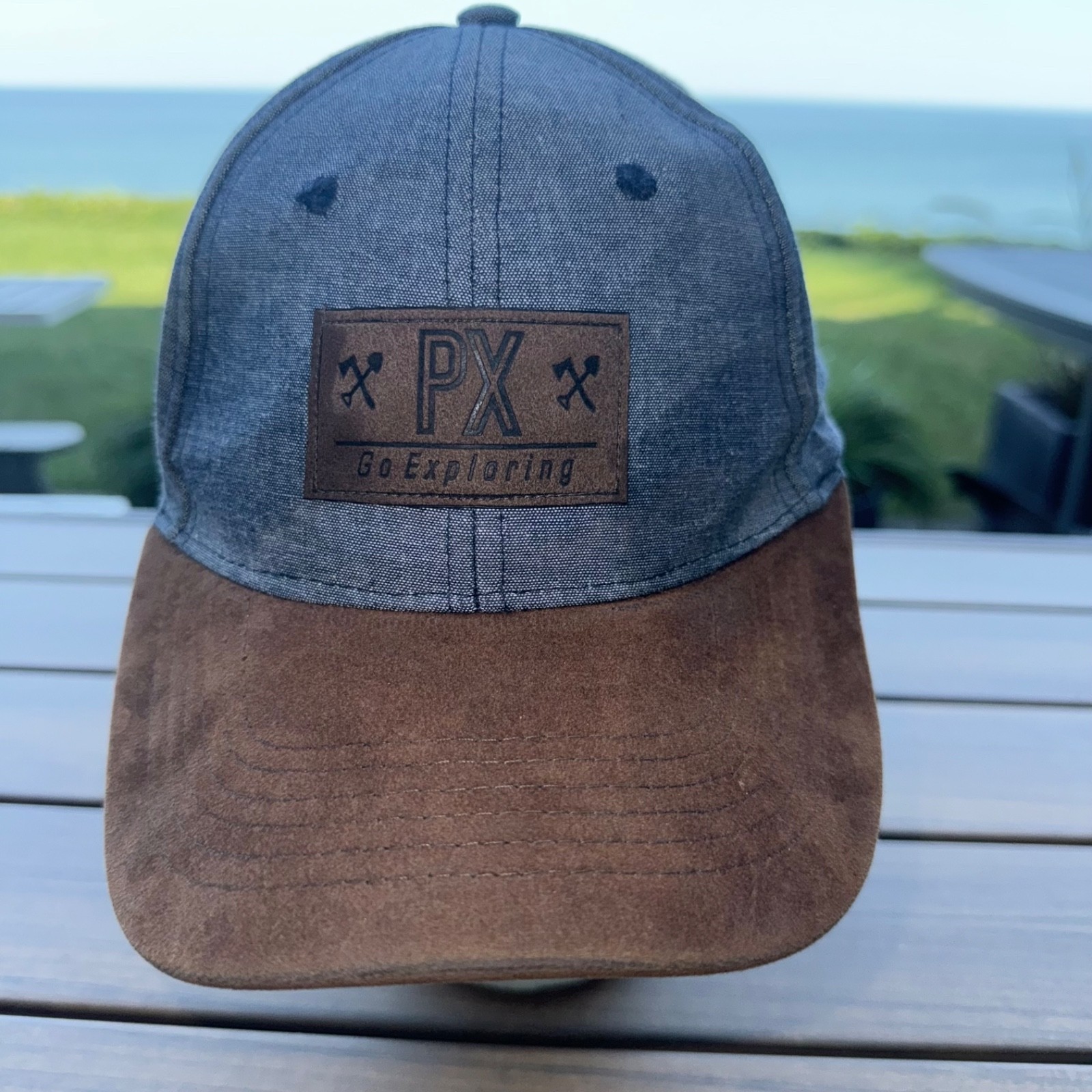 PX Go Exploring Faux Suede Patch & Bill on Lt Denim Trucker Hat Cap Strap Buckle