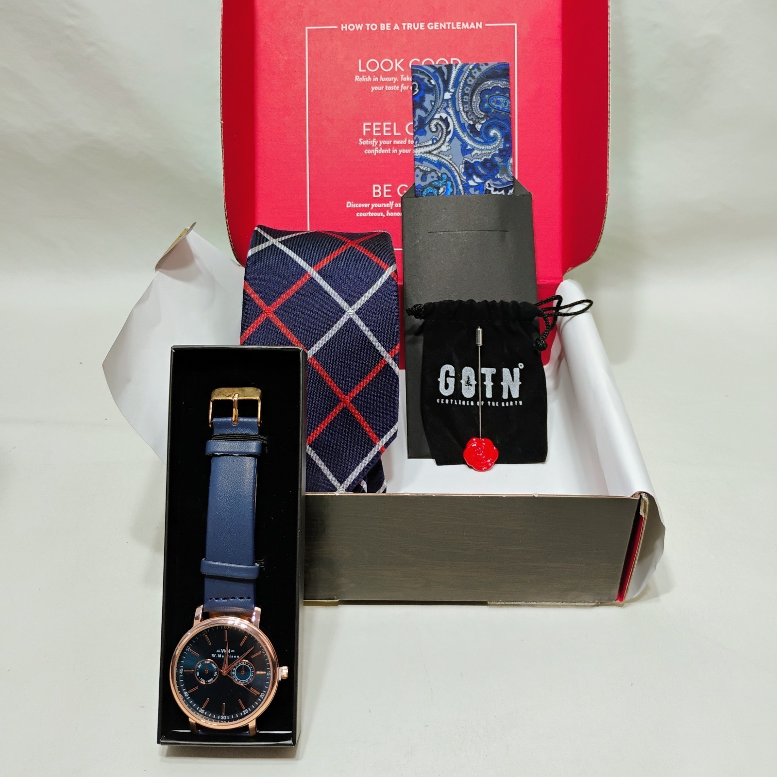 Gentleman's Box 4 Piece Set W/ Tie + Tie Pin + Pocket Square & W Marrison Watch