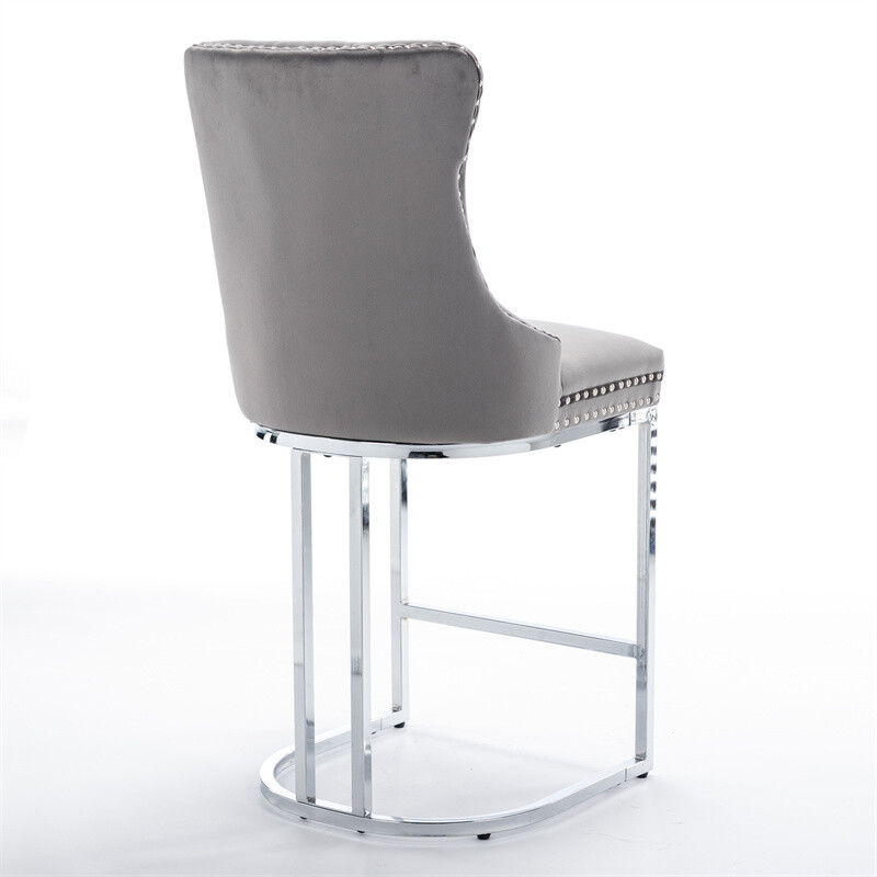 25" Gray Velvet Bar Stools Set of 2,Counter Height with Button Back & Rivet Trim