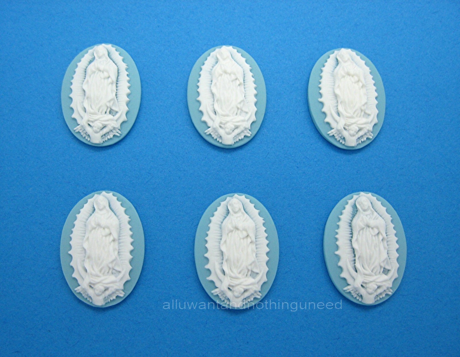 6 WHITE on BABY BLUE Color LADY OF GUADALUPE 25mm x 18mm Costume Jewelry CAMEOS