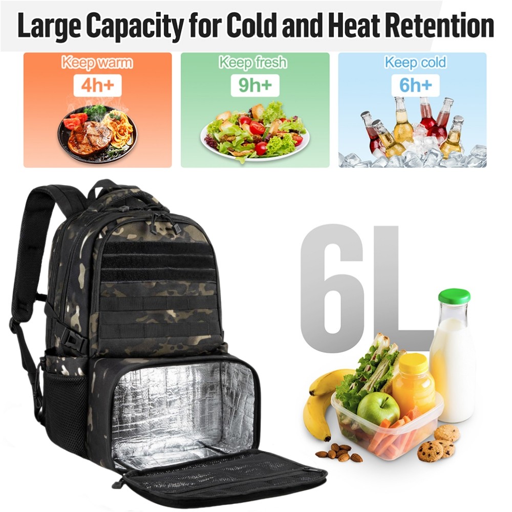 Tactical Backpack 40L with 6L Insulated Lunch Box Compartment, Durable for Work