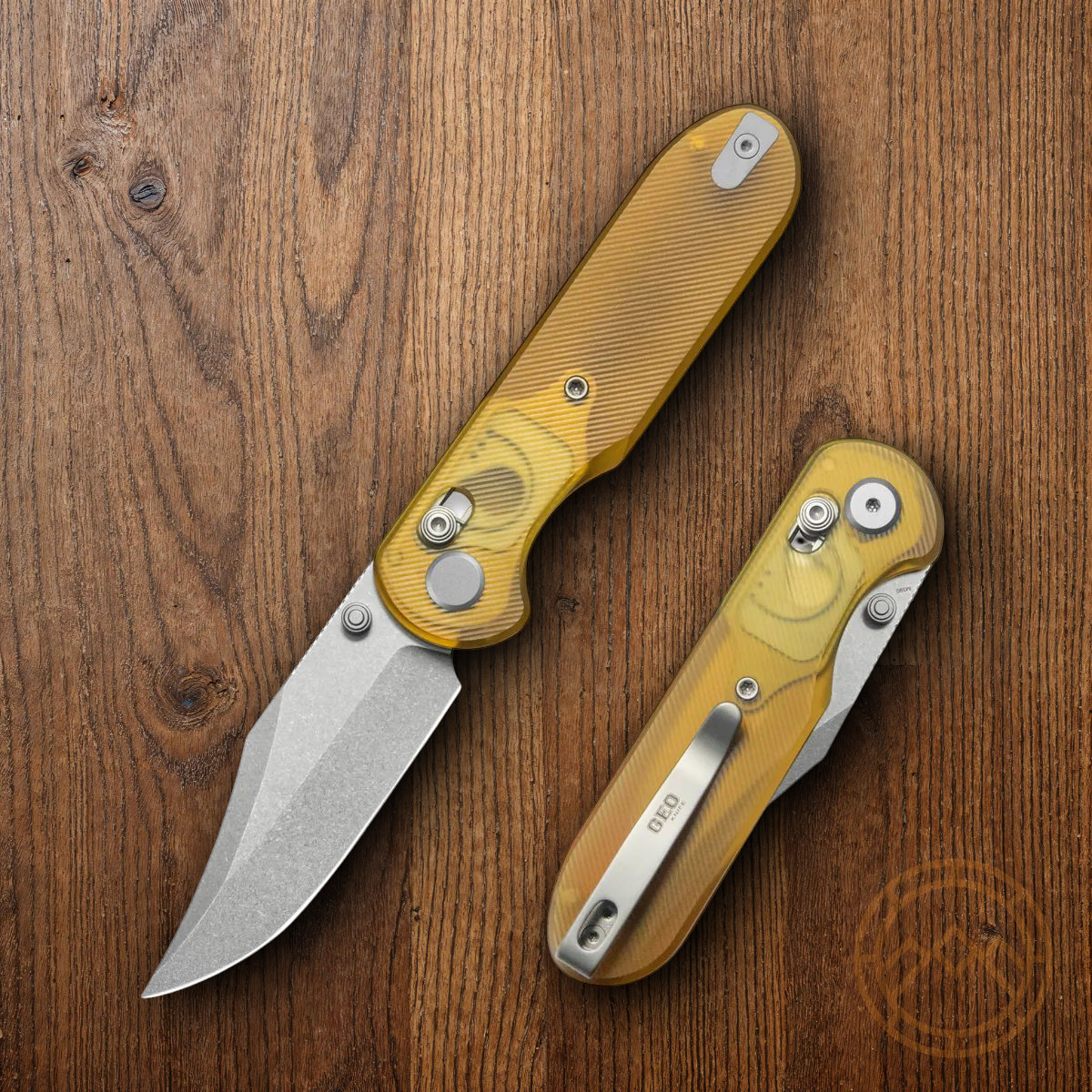 GEO Knife Ethereal Folding Knife 3" Bohler M390 Steel Blade Amber Ultem Handle