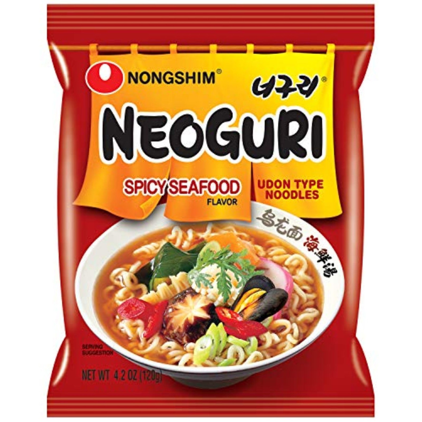 Nongshim Neoguri Spicy Seafood with Udon-Style 4.2 Ounce (Pack of 10), red