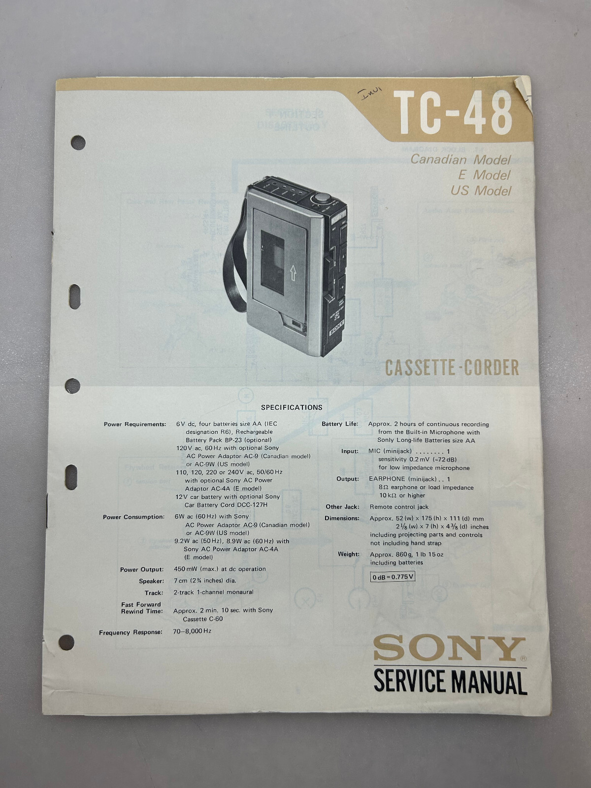 Sony TC-48 Original Service Manual Free Shipping