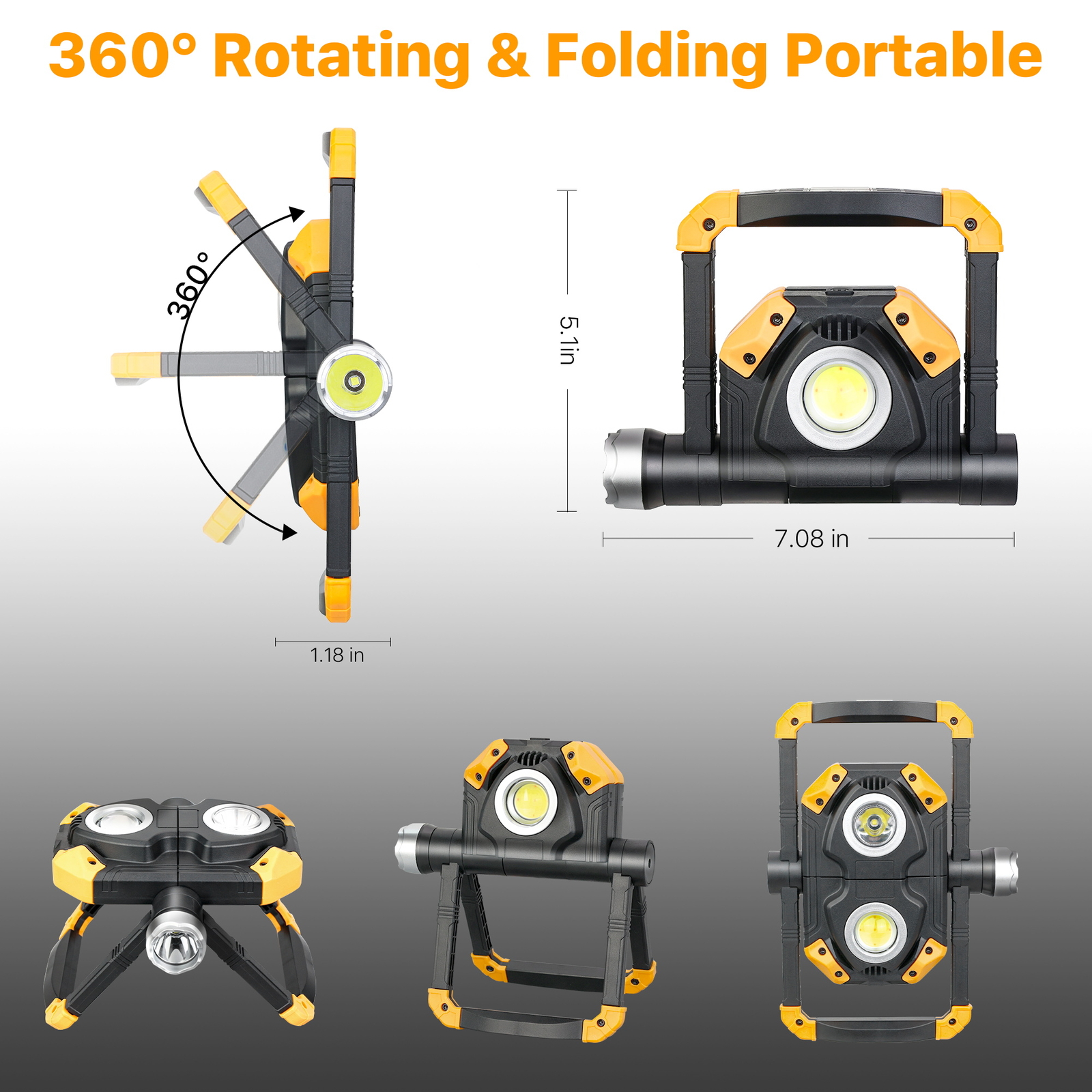 Waterproof Rechargeable Work Lights 360° Rotating Stand COB Flood Camp Light