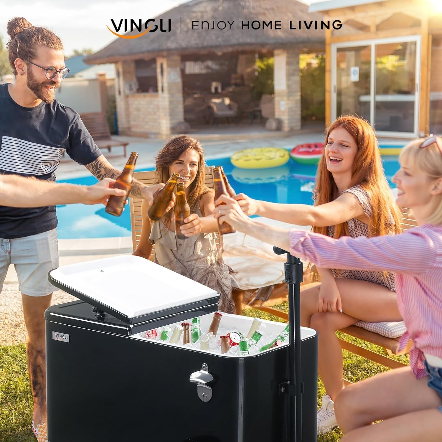 80 Quart Rolling Cooler Ice Chest with Wheels and Long Handle Black