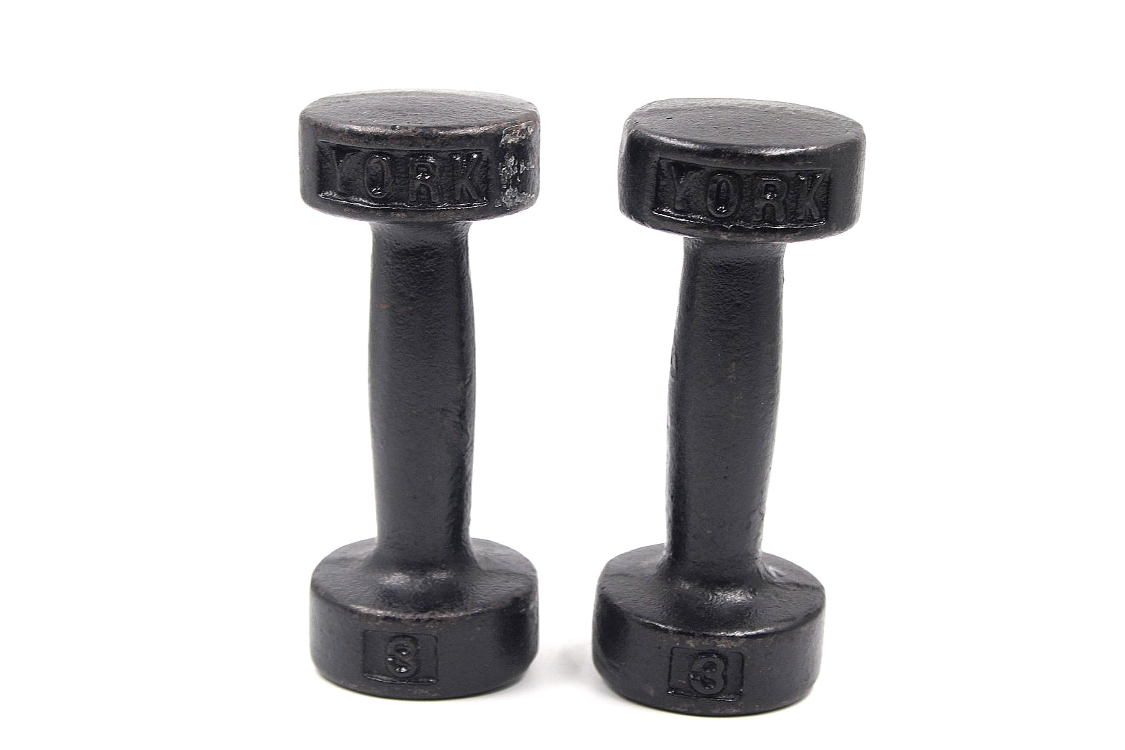 Vintage York 3 lb. Pair Dumb Bells Round Head w/ Flat Rest Weight Paper USA