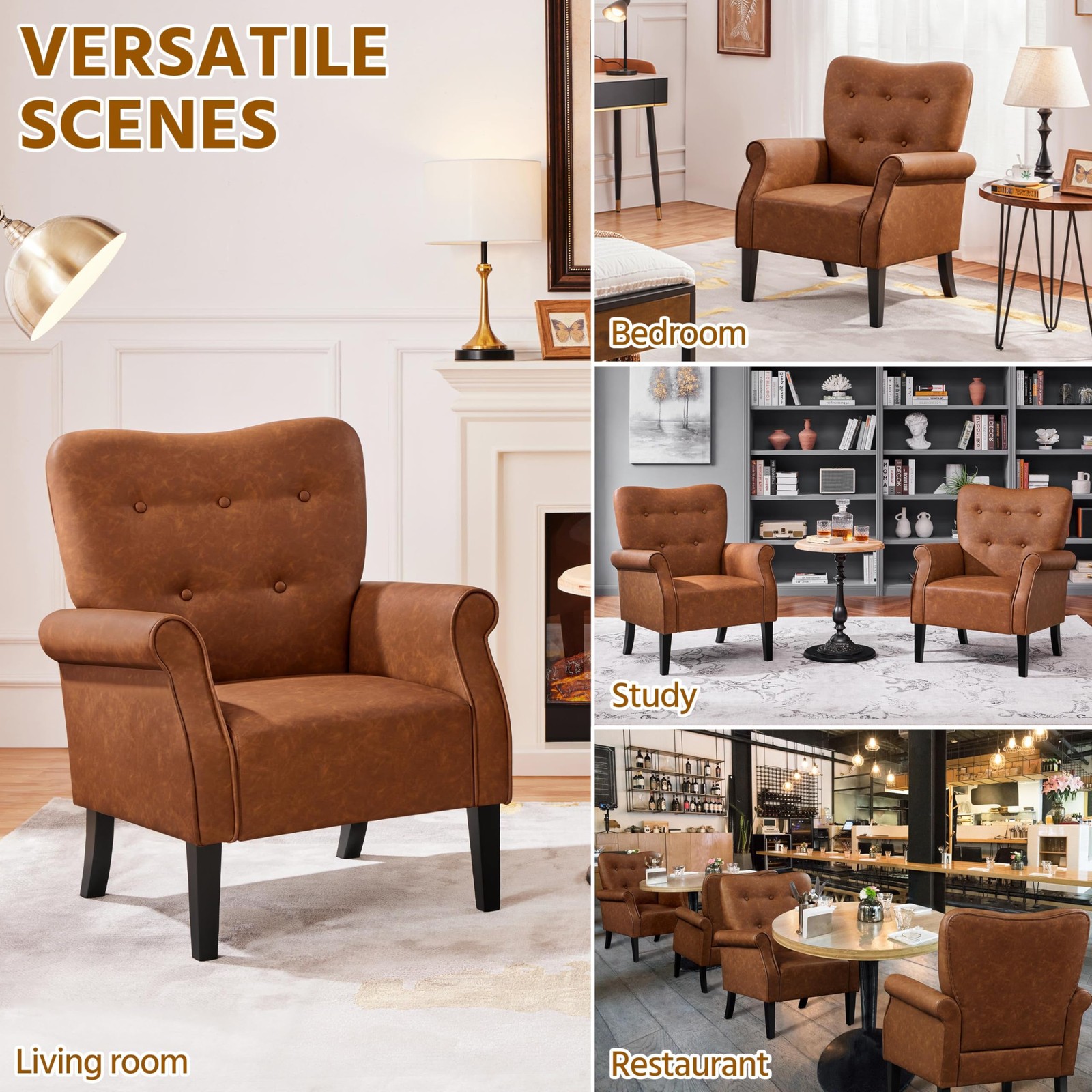 Yaheetech Modern Armchair, Mid Century PU Leather Set of 1, Retro Brown
