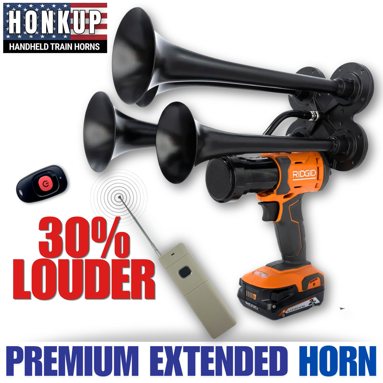 Ridgid Premium Quad Train Horn + Long Range (2000ft) Remote | Assembled in USA