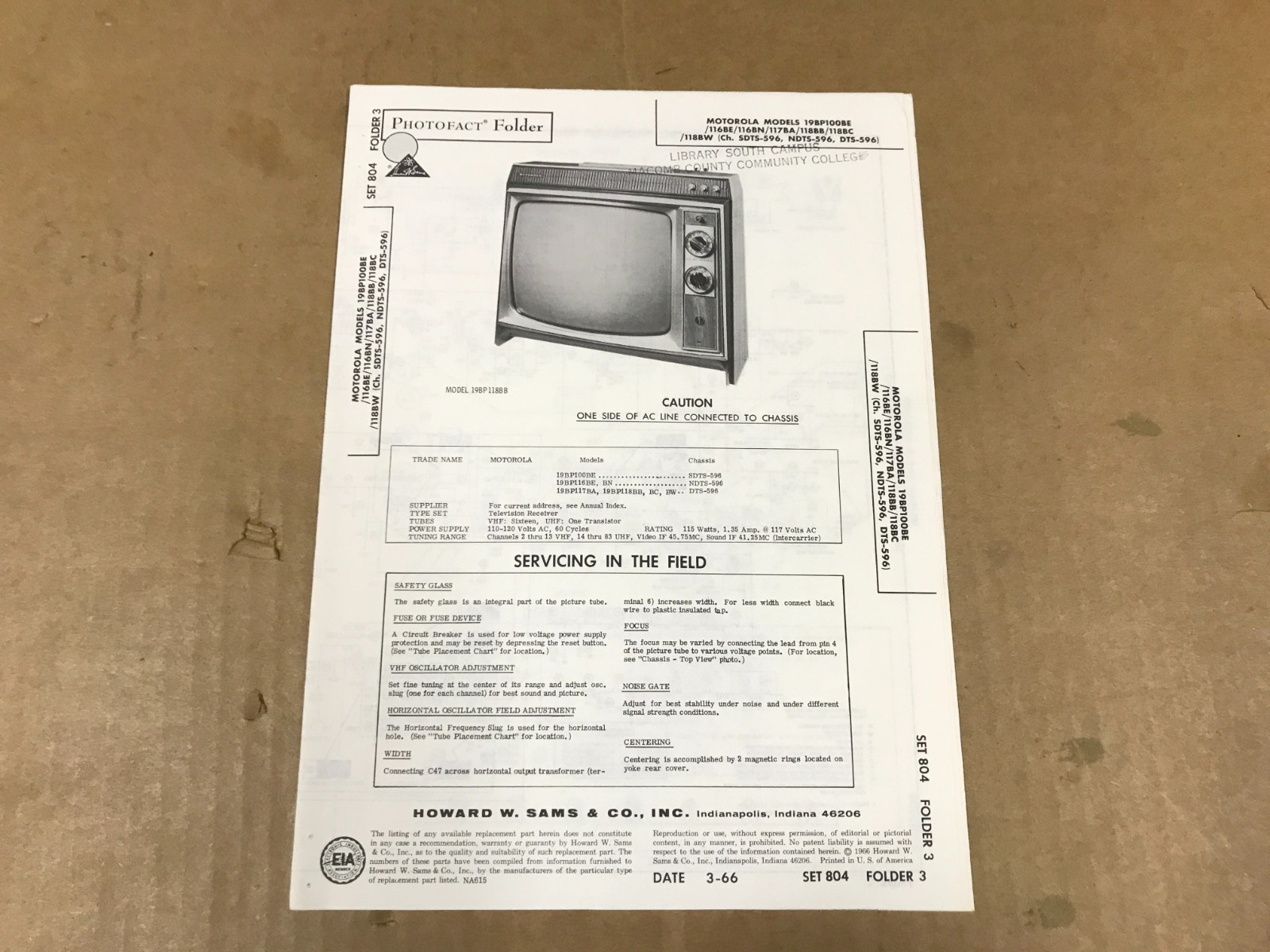 VTG Photofact Folder - 804-3 - Motorola TV Models 19BP100BE/116BE/116BN