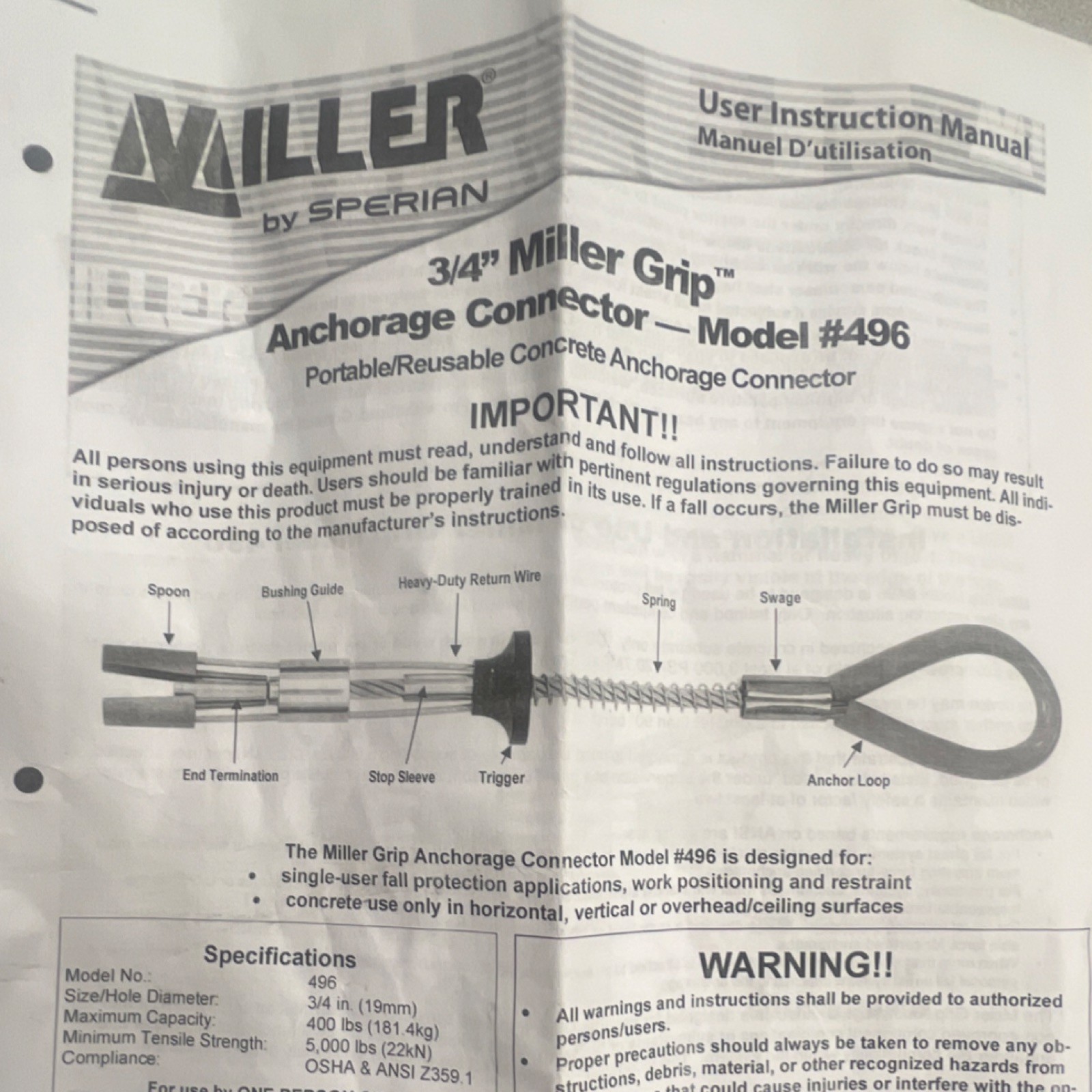 3/4 inch Miller Grip Anchorage Connector Model 496 Portable Concrete Anchor. New
