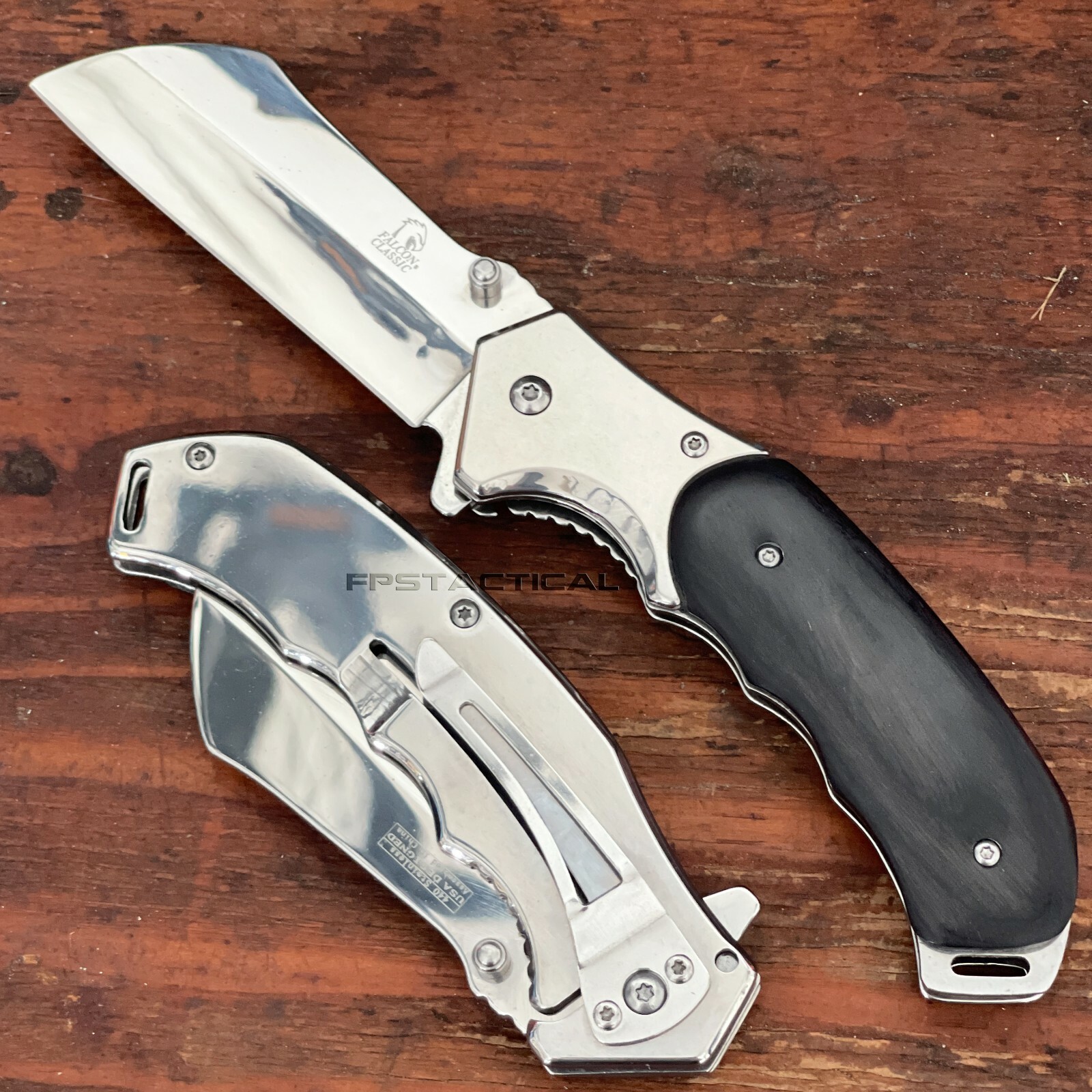 Falcon KS3301CB Silver Chrome & Gray Ash Wood Cleaver Spring Assisted Knife 8"