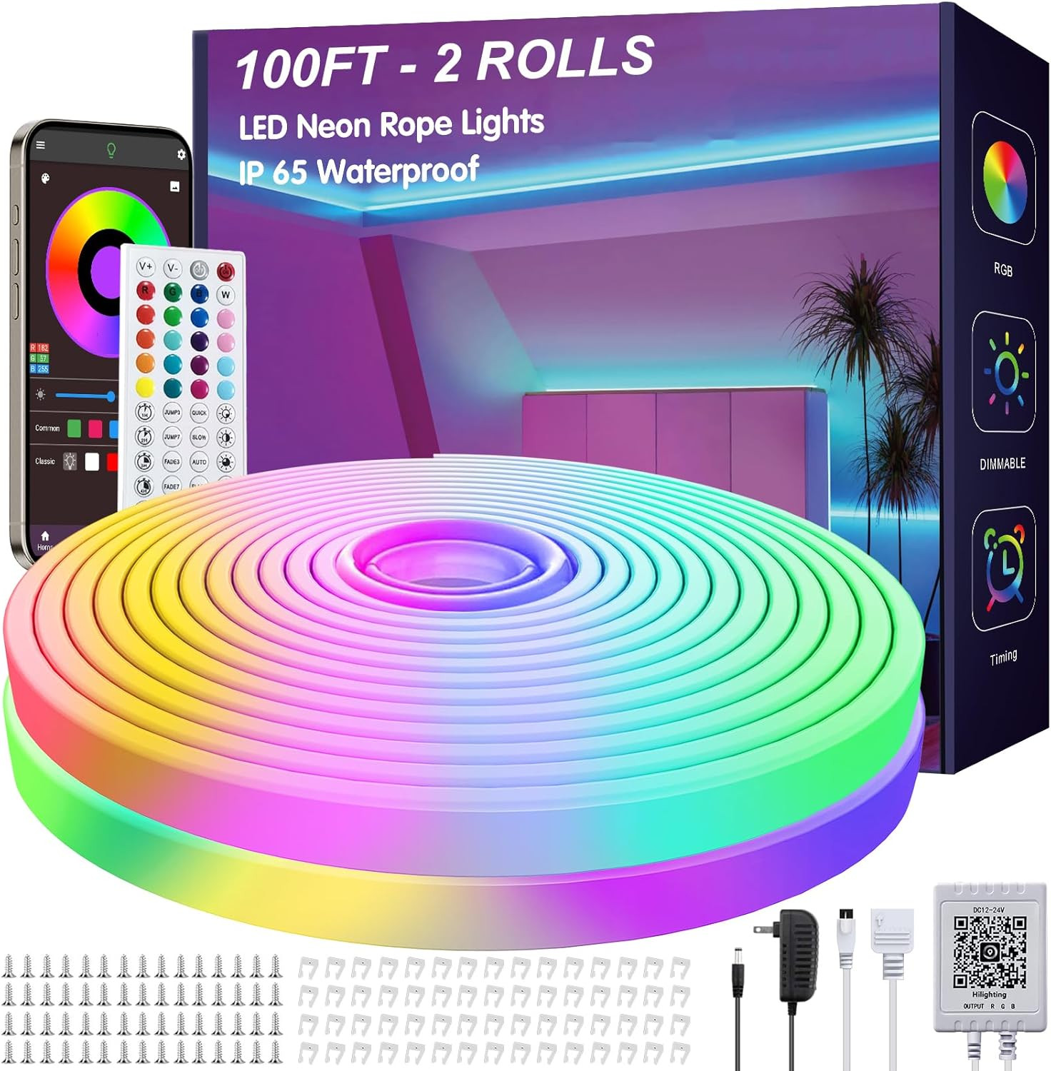 100Ft LED Neon Rope Lights with App and Remote Control, IP65 Waterproof Neon Str