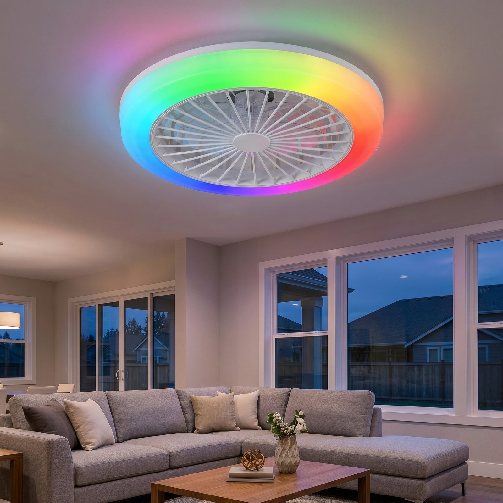 18 in Remote APP Control Smart RGB Ceiling Fan with Light White Flush Mount Kit