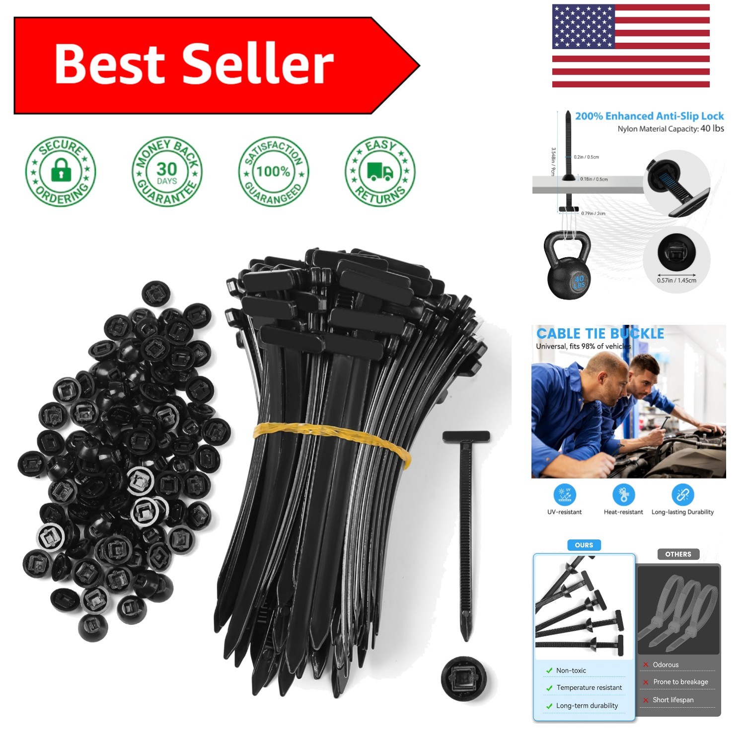Universal Nylon Cable Tie Buckles - 100 Pcs with Snap-Lock Design for Efficiency