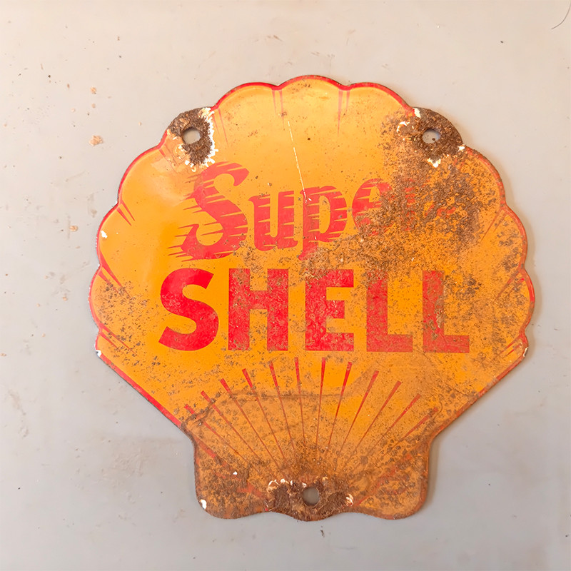 Vintage Clam Shell Shaped Porcelain Enamel Gas Station Advertising Sign 6 inches