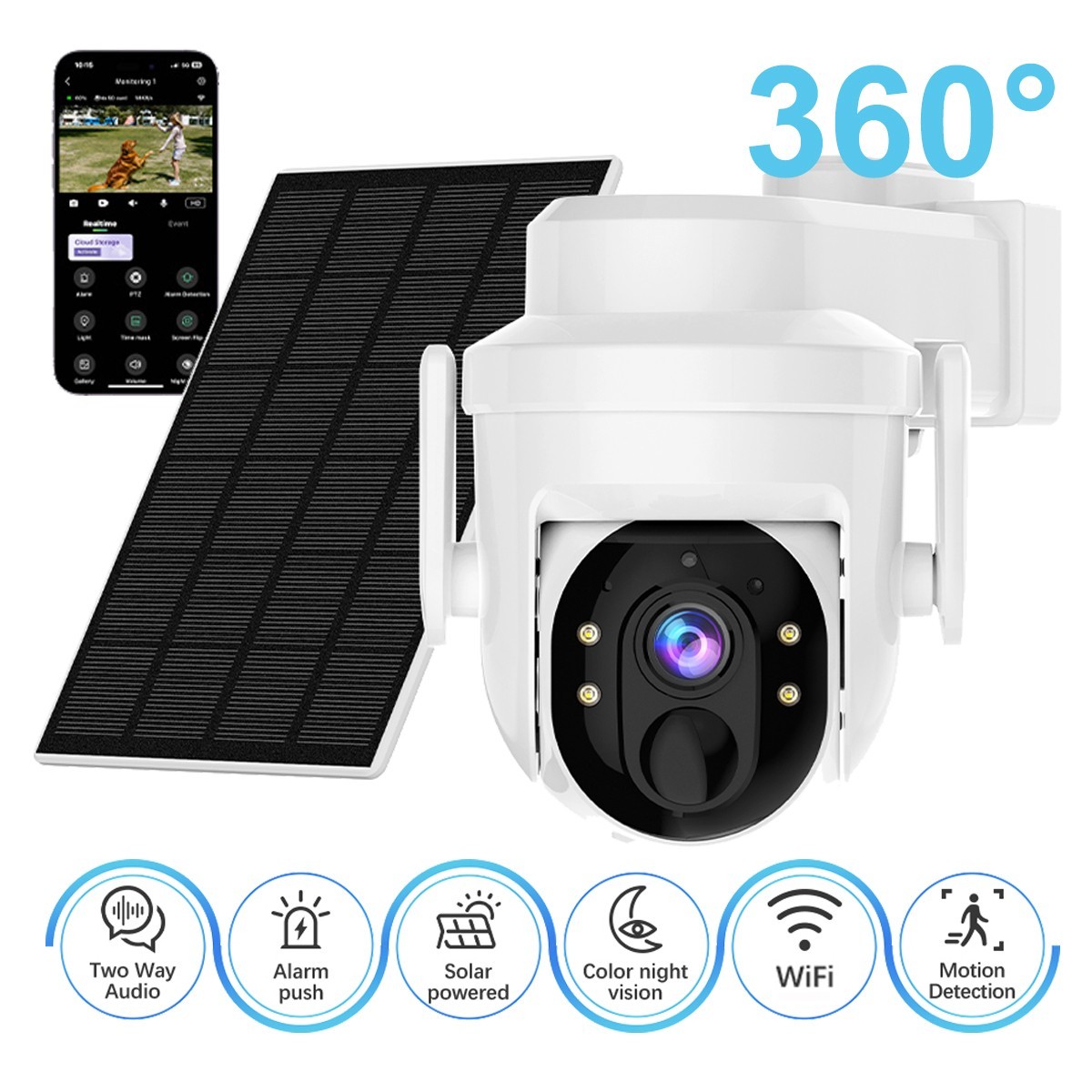 XVIM Solar Security Camera Outdoor 360° PTZ Wireless WiFi Battery Solar Camera
