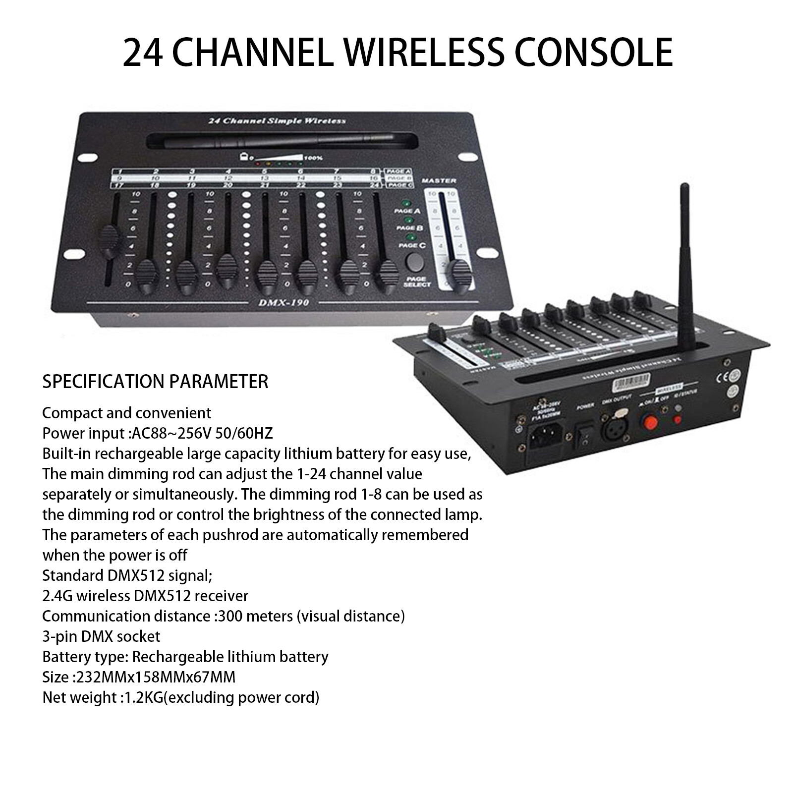24 channel 2.4G wireless dmx 512 controller battery console for dj stage light