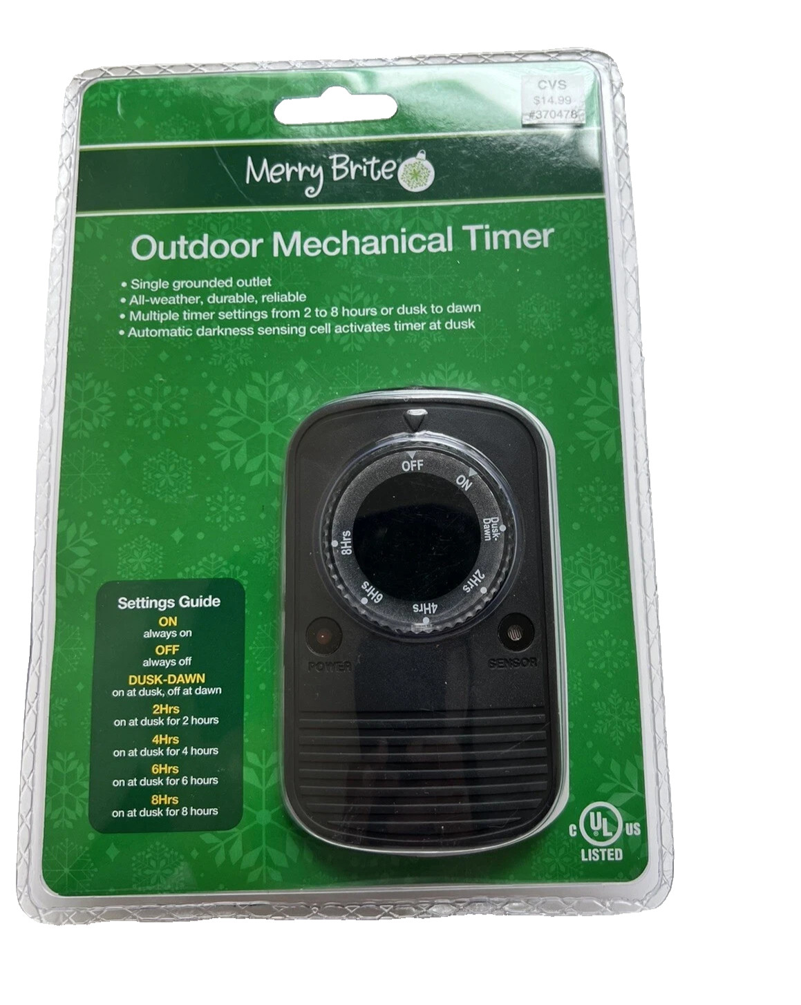 Merry Brite Outdoor Mechanical Timer, 2-8 hours or Dusk-Dawn, Single Outlet