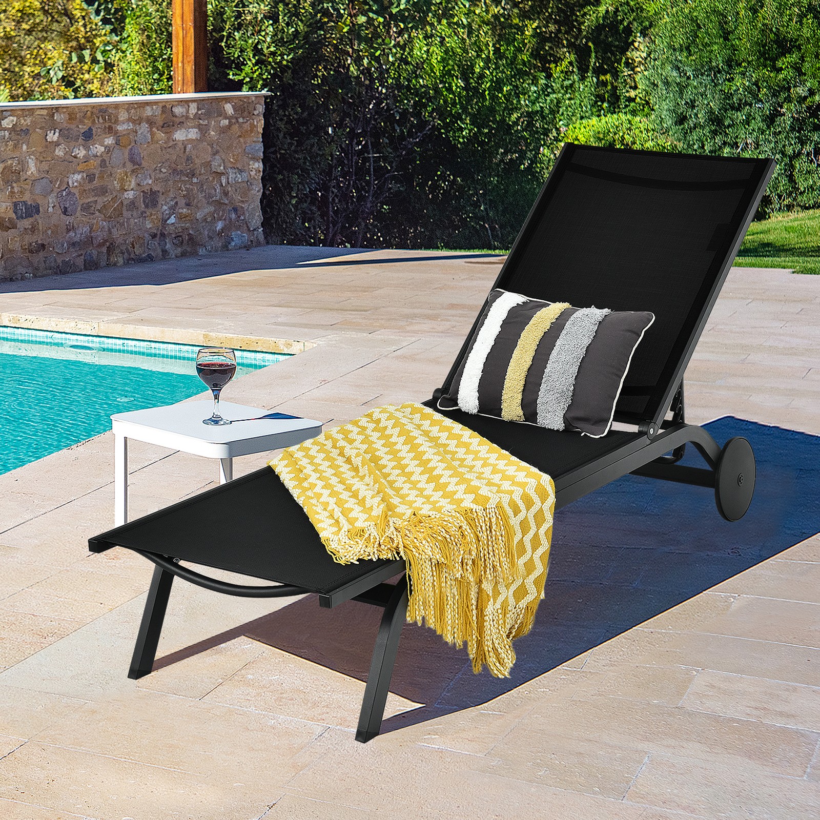 Patio Chaise Lounge Sling Armless back Adjustable Outdoor Black