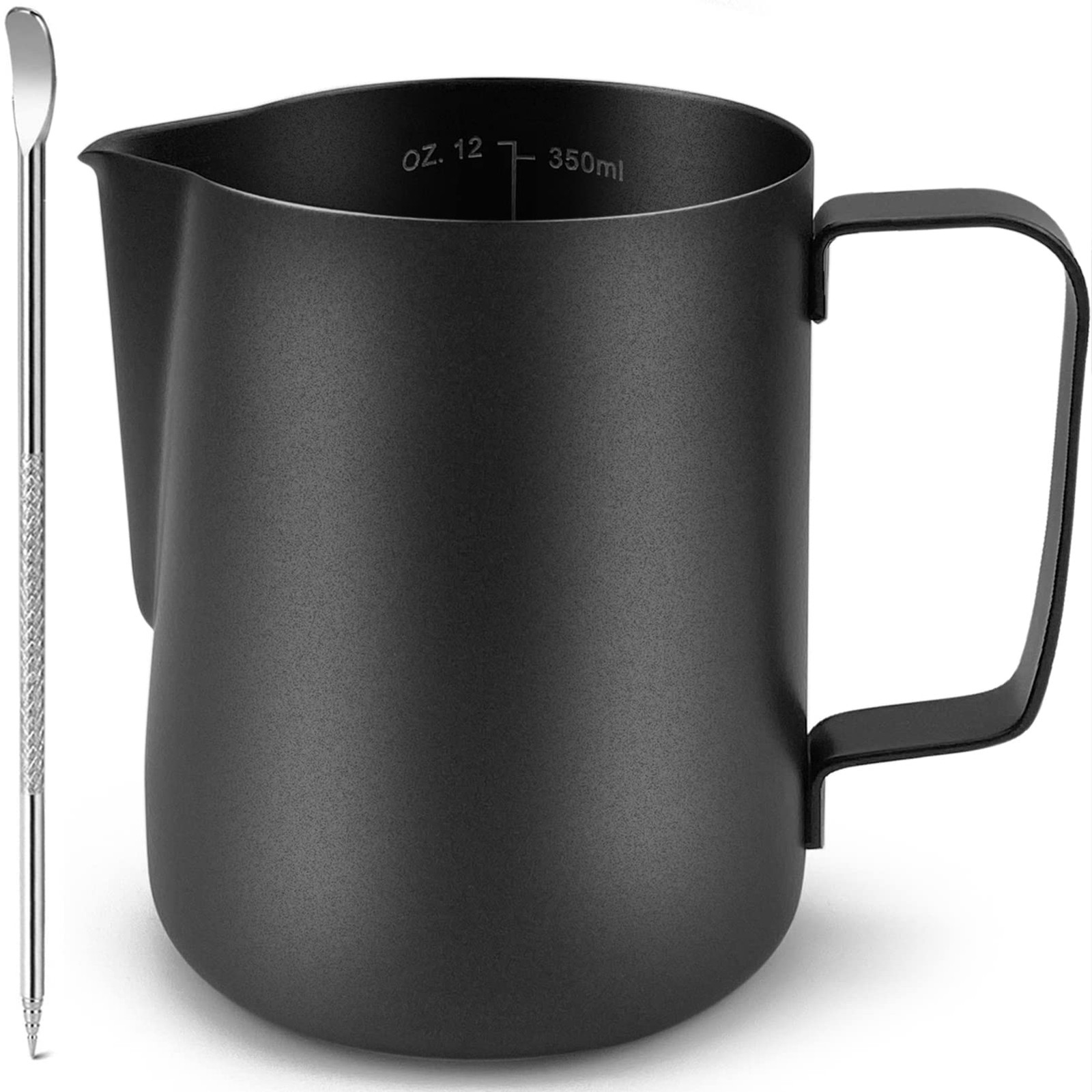 Matte Black Milk Frothing Pitcher, 12 oz, Stainless Steel, Decorating Pen