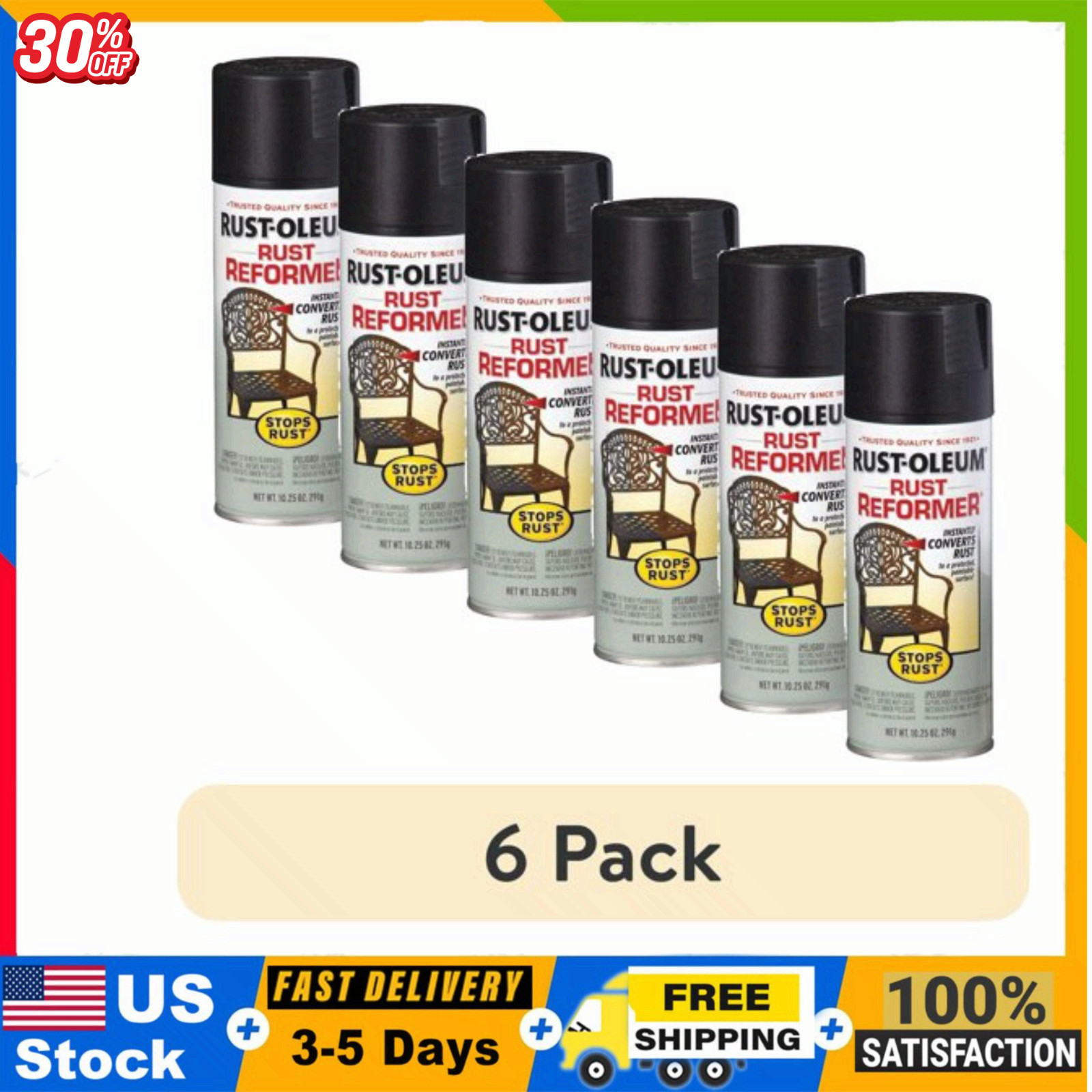 6 PACK Rust-Oleum Stops Rust, Rust Reformer Flat Spray Paint- 215215, 10.25 oz