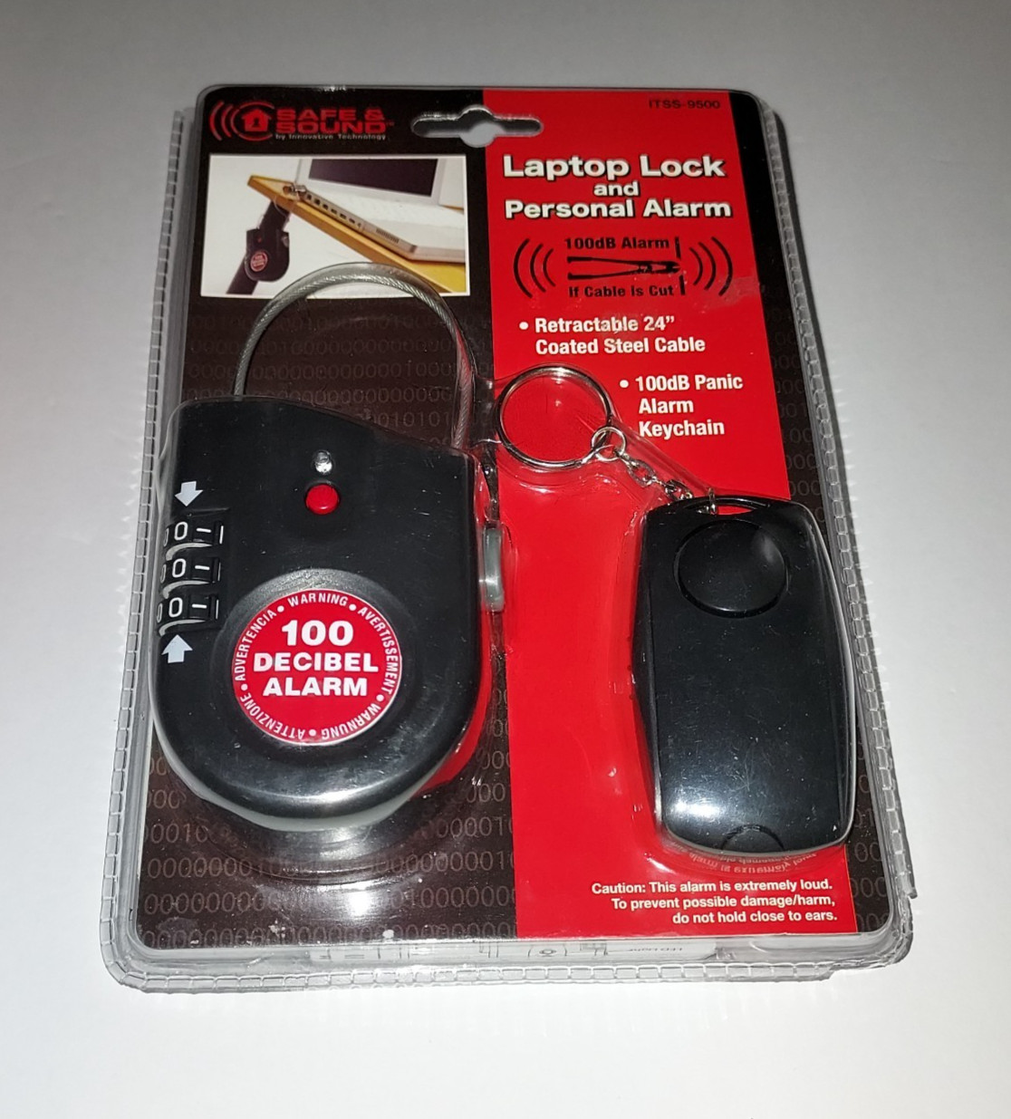 Laptop Lock and Personal Alarm Safe & Sound ITSS-9500 Panic Alarm Keychain NEW