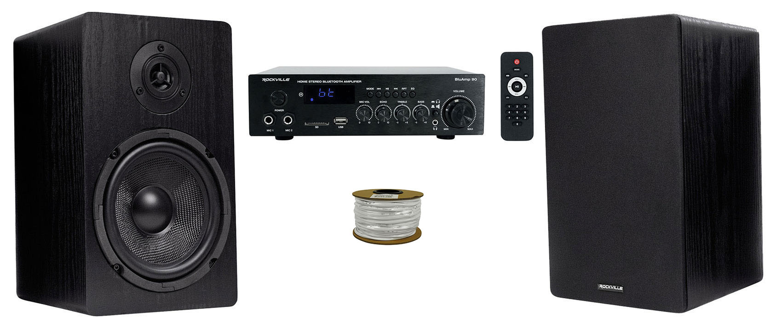 Rockville BLUAMP 90 Bluetooth Home Audio Receiver Amp+(2) 6.5" Black Speakers