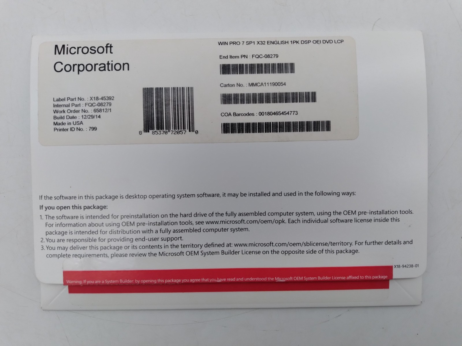 MICROSOFT WINDOWS PRO 7 PROFESSIONAL SP1 X32 ENG 1PK DSP OEI DVD LCP
