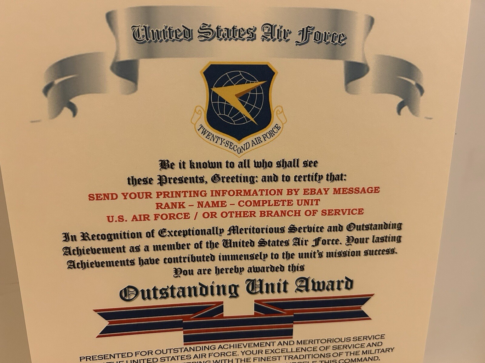 U.S. AIR FORCE / TWENTY-SECOND AIR FORCE - OUTSTANDING UNIT AWARD CERTIFICATE
