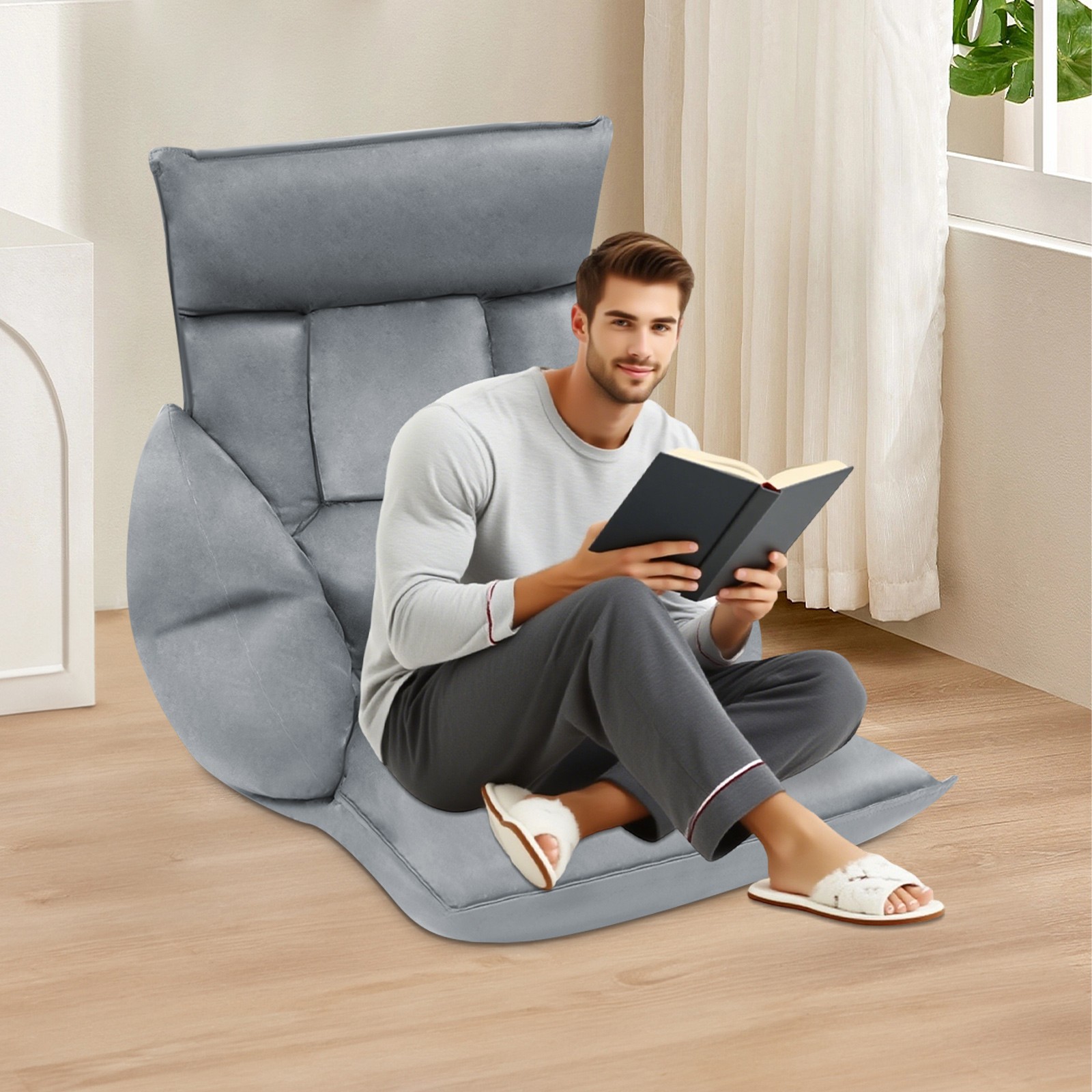 Grey 90°-180° Adjustable Lazy Sofa Floor Standing Sofa Chair Lazy Leisure Sofa