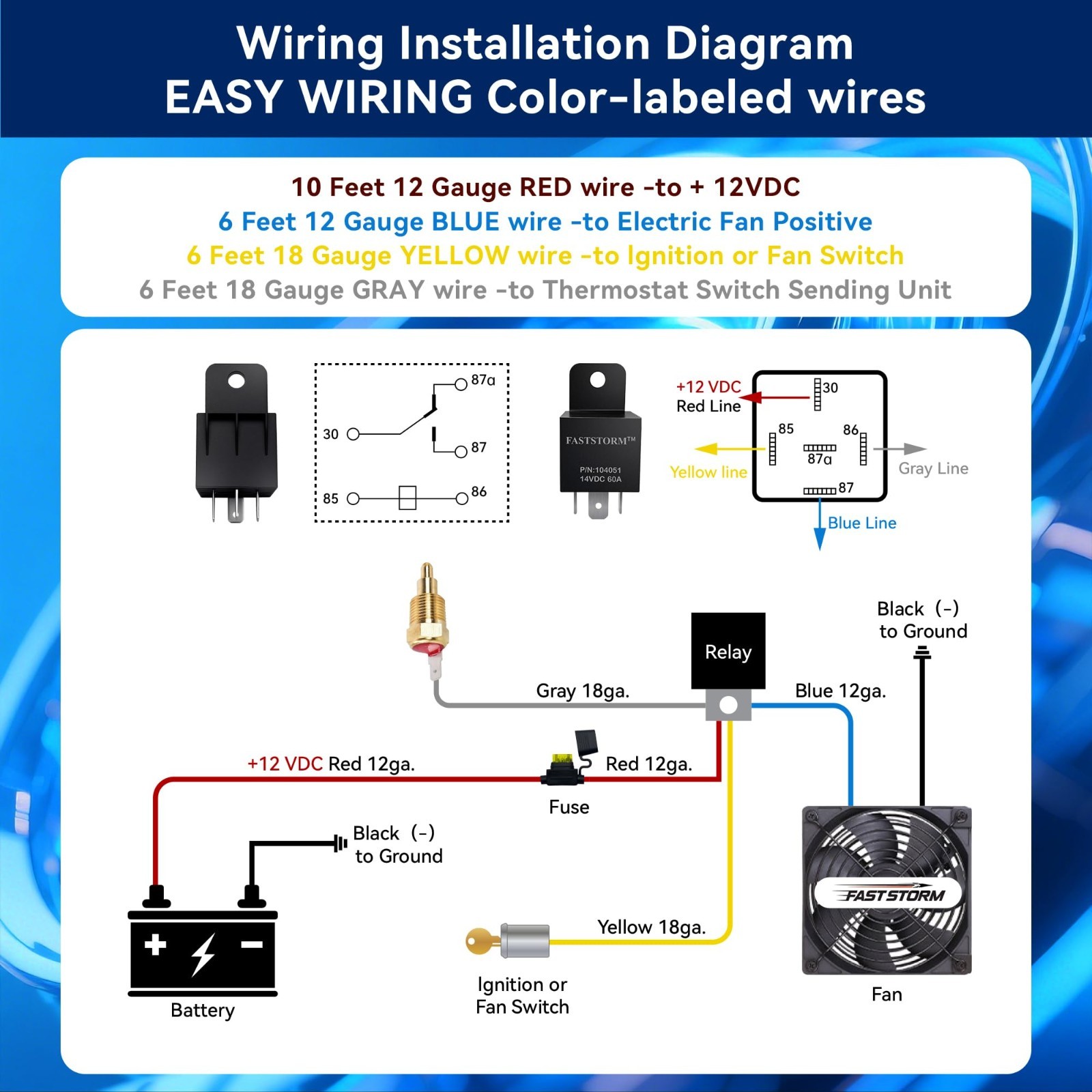 12V 60 AMP Electric Fan Relay Kit - Waterproof Radiator Cooling System w/ Thermo