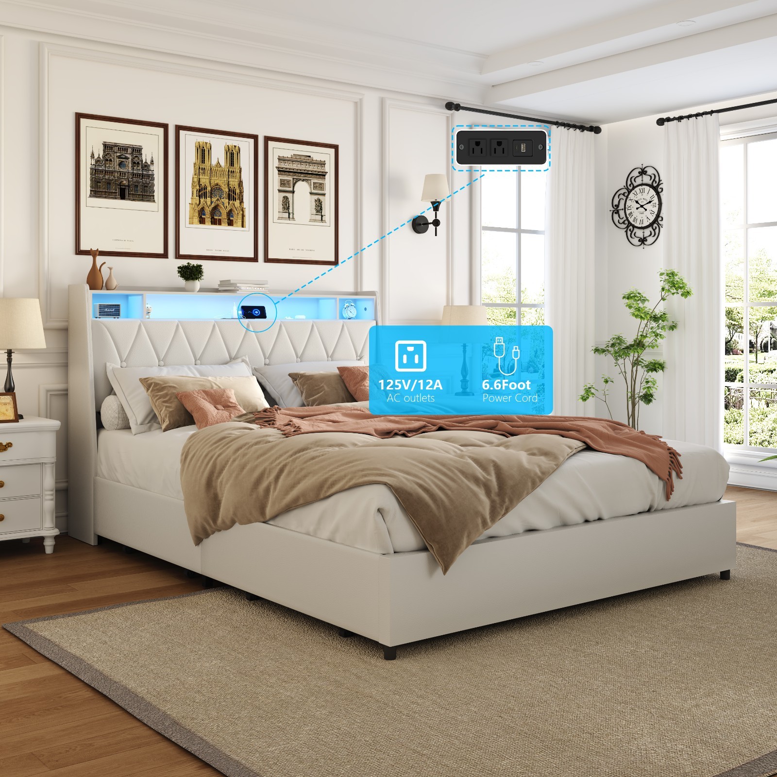 Full Bed Frame - Ergonomic Headboard, Outlets, LED, Storage (Noise-Free)