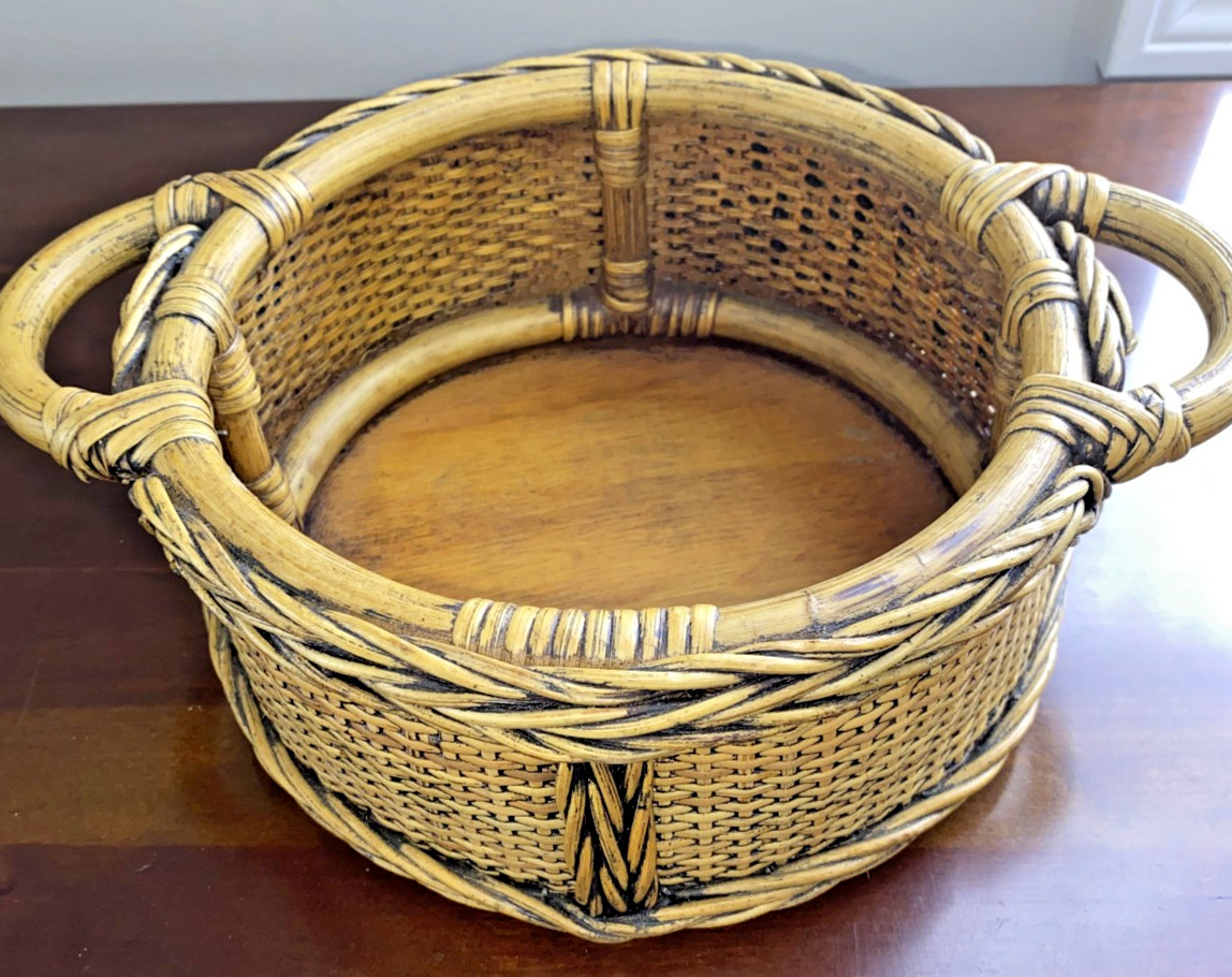 Round Rattan Woven Bamboo Basket with Handles & Wood base ~ 9" x 12"