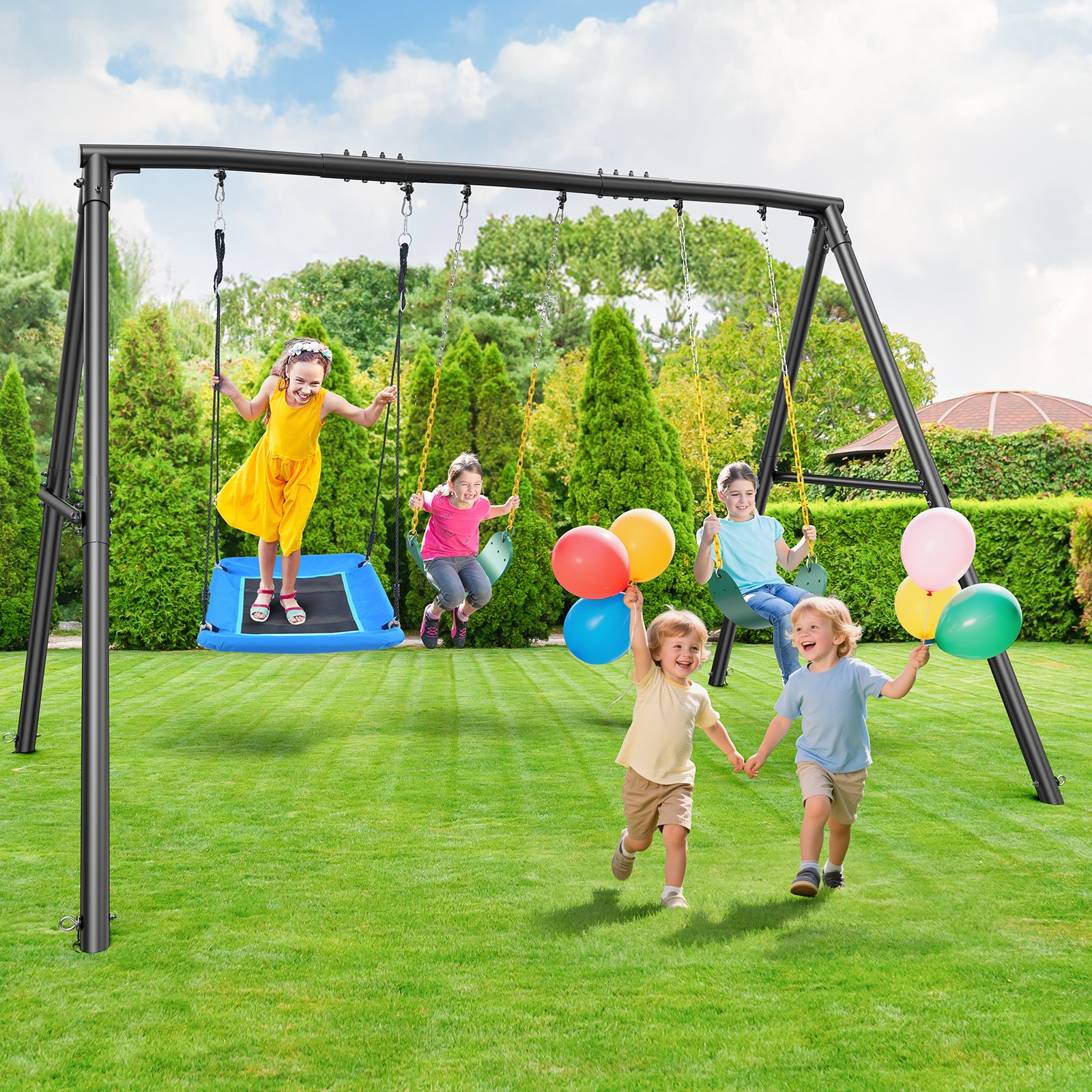Hapfan 600lbs 4 IN 1 Swing Set Heavy-Duty Metal Swing Set for Kids with 3 Seats