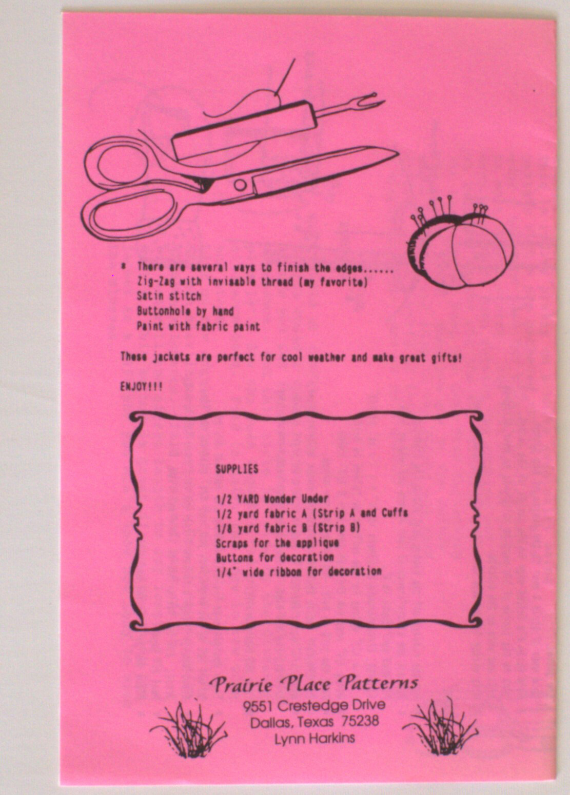 Prairie Place Sewing Applique Pattern "The Three Hour Jacket Too" Uncut