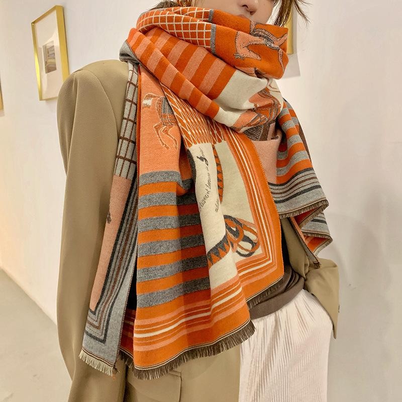 Luxury Winter Cashmere Scarf Women Horse Print Thick Warm Pashmina Shawl Wrap