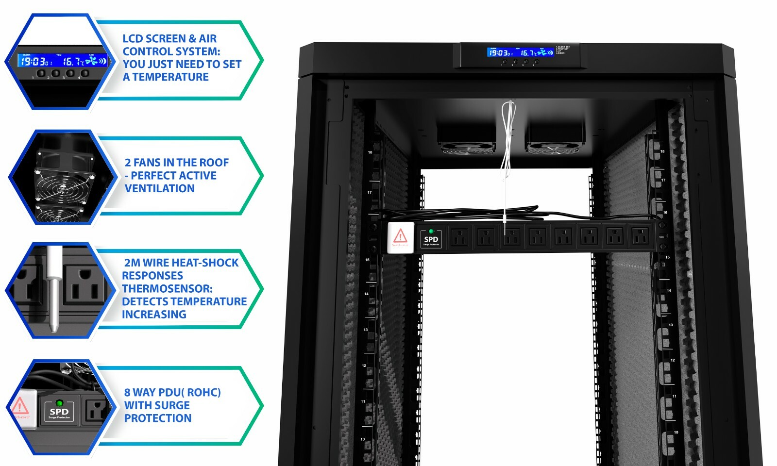 15U Sound proof Server Rack Cabinet Data Network - Cooling System - LCD Screen