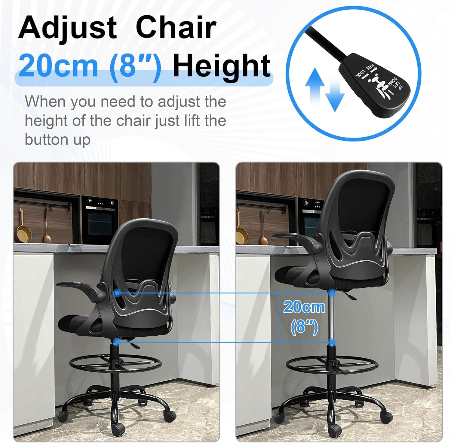 Drafting Chair Tall Office Chair with Flip-up Armrests Executive Ergonomic Co...