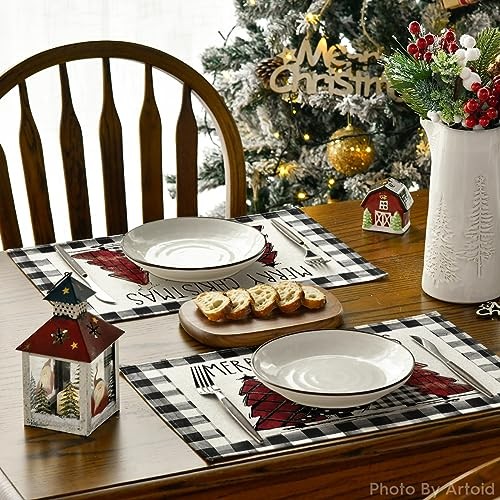 Waterclor Buffalo Plaid Christmas 12" x 18", Rectangular 2 Pcs Black/White