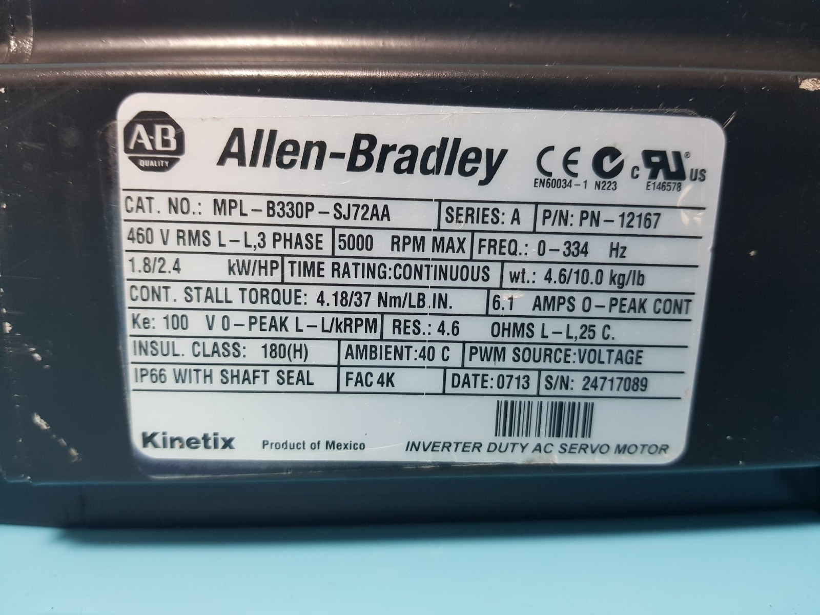 1PC Allen Bradley MP-Series MPL-B330P-SJ72AA SERIES: A Servo Motor PN-12167